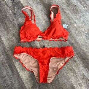 J. Crew Bright Red Scalloped Bikini Set